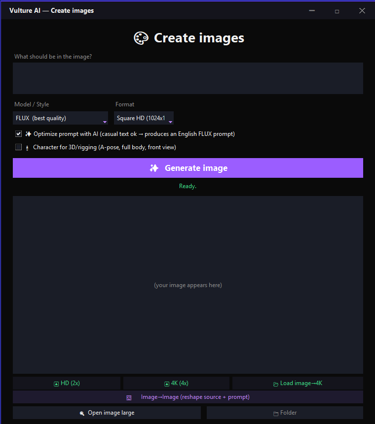 The Create images window — a FLUX text-to-image generator with a built-in prompt optimizer, HD and 4K upscaling, and image-to-image.