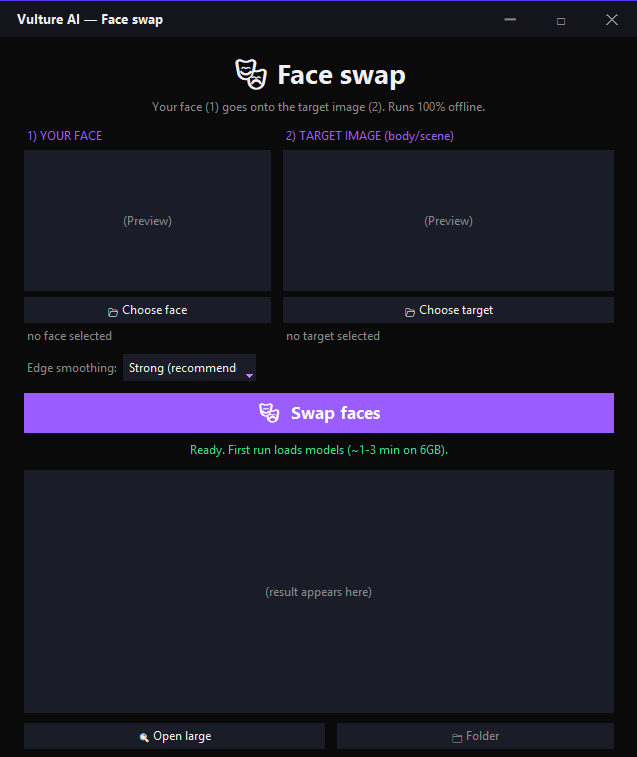 The Face swap window — put your face onto a target image, 100 percent offline.