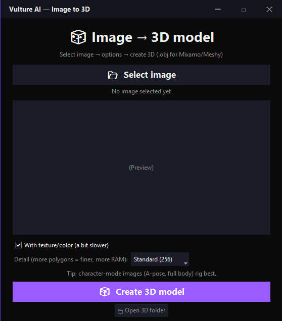 The Image to 3D window — turn a photo into a textured 3D .obj model for Mixamo or Meshy.