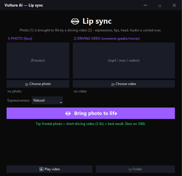 The Lip sync window — bring a photo to life with a driving video: expressions, lips and head motion.