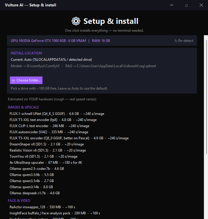 The Setup and install window — a hardware check with per-GPU speed estimates and one-click model downloads.
